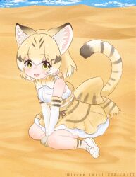 1girl :d animal_ear_fluff animal_ears bare_shoulders blonde_hair blush bow bowtie cat_ears cat_girl cat_tail cloud colored_tips dated desert dress extra_ears fang gradient_gloves gradient_legwear highres kemono_friends looking_at_viewer multicolored_hair open_mouth sand_cat_(kemono_friends) shirt sitting sky sleeveless sleeveless_shirt smile solo streaked_hair striped_bow striped_clothes striped_tail tail traditional_bowtie travellerll twitter_username wariza white_footwear white_shirt yellow_dress yellow_eyes