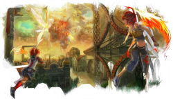 Rule 34 | 1boy, 1girl, building, city, explosion, fantasy, fire, fire, flying, from behind, full body, looking back, midriff, outdoors, red hair, short hair, standing, taiki (luster), town, wings