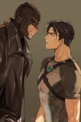 Rule 34 | 2boys, agent 37, blue eyes, dc comics, dick grayson, gloves, male focus, mask, midnighter, multiple boys, short sleeves, simple background, smile, stariver00