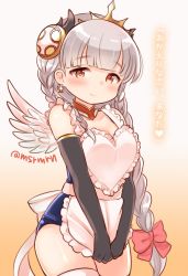 Rule 34 | 1girl, angel wings, apron, apron tug, bad id, bad pixiv id, black gloves, blush, bow, braid, brown eyes, detached collar, earrings, elbow gloves, frilled apron, frills, gloves, grey hair, hair bow, heart apron, jewelry, light valkyrie (p&amp;d), looking at viewer, mashiro miru, puzzle &amp; dragons, smile, solo, tiara, translated, twitter username, valkyrie (p&amp;d), wings