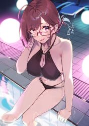 Rule 34 | 1girl, 92m, ahoge, bare shoulders, beach chair, bikini, black bikini, breasts, brown hair, cleavage cutout, clothing cutout, commentary request, floor lamp, glasses, highres, jewelry, kinshi no ane (92m), large breasts, legs together, looking at viewer, multi-strapped bikini, navel, open mouth, original, partially submerged, poolside, red-framed eyewear, red eyes, red hair, short hair, short ponytail, swimsuit, thighs, translation request
