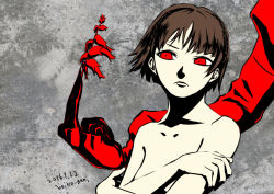 Rule 34 | 10s, 1girl, 2016, absurdres, breasts, brown hair, collarbone, covering privates, covering one breast, dated, grey background, heike gani, highres, looking away, niijima makoto, nude, persona, persona 5, red eyes, shadow, short hair, signature, small breasts, upper body