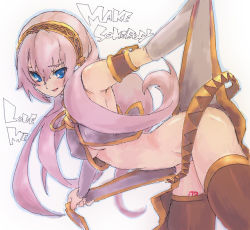 Rule 34 | 1girl, breasts, english text, covered erect nipples, henreki san, long hair, medium breasts, megurine luka, midriff, no panties, pink hair, solo, thighhighs, undressing, vocaloid