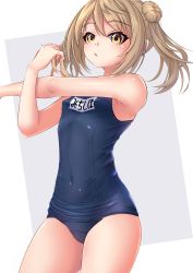 Rule 34 | 1girl, absurdres, blue one-piece swimsuit, commentary request, cowboy shot, crotch seam, double bun, hair bun, highres, kantai collection, light brown hair, looking at viewer, makura (y makura), michishio (kancolle), name tag, old school swimsuit, one-piece swimsuit, school swimsuit, short hair, short twintails, solo, stretching, swimsuit, twintails, yellow eyes