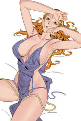 Rule 34 | 1girl, absurdres, alternate costume, arm on own head, armpits, arms up, blue dress, breasts, brown eyes, collarbone, dress, groin, highres, large breasts, long hair, looking at viewer, lying, nami (one piece), nami (one piece) (zou), official alternate costume, on back, one piece, open mouth, orange hair, orange nails, pelvic curtain, plunging neckline, short dress, solo, thighs, uukkaa, very long hair, wavy hair, white background, wide hips