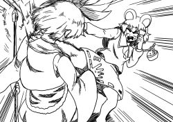 Rule 34 | 2girls, anger vein, animal ears, bare legs, barefoot, basket, bishamonten&#039;s spear, commentary request, emphasis lines, greyscale, highres, himajin noizu, holding, holding polearm, holding spear, holding weapon, kicking, long sleeves, monochrome, mouse (animal), mouse ears, mouse tail, multiple girls, nazrin, open mouth, polearm, short hair, short sleeves, skirt, spear, sweat, tail, toramaru shou, touhou, weapon, wide sleeves