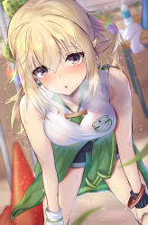 Rule 34 | 1girl, :o, bare shoulders, blonde hair, blush, bottle, bracelet, breasts, breath, chloe (princess connect!), chloe (school festival) (princess connect!), clothes around waist, collarbone, feet out of frame, gloves, green ribbon, hair between eyes, hair ribbon, hand on thighs, headwear request, highres, jacket, jacket around waist, jewelry, long hair, looking at viewer, medium breasts, mizuha (pixiv56938668), playground, pointy ears, princess connect!, purple eyes, ribbon, short shorts, short sleeves, shorts, solo, sparkle background, sportswear, spread legs, sweat, sweatdrop, sweaty clothes, thighs, traffic cone, water bottle, wristband
