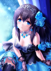 Rule 34 | 10s, 1girl, bare shoulders, black dress, black gloves, black hair, blue eyes, blush, breasts, cleavage, dress, gloves, hair ornament, highres, idolmaster, idolmaster cinderella girls, idolmaster cinderella girls starlight stage, large breasts, long hair, looking at viewer, parted lips, sagisawa fumika, solo, thighhighs, tiara, zen