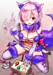 Rule 34 | 1girl, ahoge, animal ears, blush, box, breasts, chocolate, cleavage, elbow gloves, fang, fate/grand order, fate (series), fingernails, food, fur-trimmed gloves, fur-trimmed legwear, fur trim, gloves, hair over one eye, halloween costume, highres, large breasts, looking at viewer, mash kyrielight, mash kyrielight (dangerous beast), nail, navel, o-ring, o-ring top, official alternate costume, open mouth, purple eyes, purple hair, revealing clothes, ribbon, sharp fingernails, short hair, signature, solo, tail, teltelhousi, thighhighs, underwear, wolf ears, wolf tail