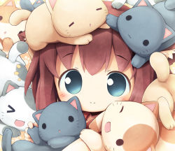 Rule 34 | &gt; &lt;, 1girl, :3, aikei ake, animal, animal on head, blue eyes, blush, brown hair, cat, cat on head, closed eyes, original, smile, solo, too many, too many cats