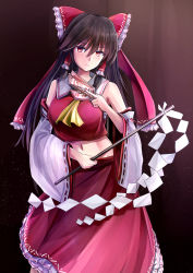 Rule 34 | 1girl, 3books, absurdres, ascot, bare shoulders, between fingers, black hair, bow, breasts, brown background, detached sleeves, expressionless, feet out of frame, gohei, hair bow, hair tubes, hakurei reimu, highres, holding, holding stick, large breasts, long hair, looking at viewer, midriff, navel, ofuda, red eyes, red skirt, red vest, simple background, skirt, solo, stick, touhou, very long hair, vest, yellow ascot
