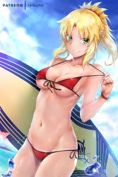 Rule 34 | 1girl, bare shoulders, bikini, bikini tan, bikini tug, blonde hair, blue sky, blush, braid, breasts, cleavage, cloud, collarbone, day, fate/grand order, fate (series), front-tie bikini top, front-tie top, green eyes, hair ornament, halterneck, holding, holding behind back, holding surfboard, long hair, looking at viewer, medium breasts, mordred (fate), mordred (fate/apocrypha), mordred (swimsuit rider) (first ascension) (fate), navel, outdoors, parted lips, patreon username, ponytail, red bikini, rei kun, scrunchie, side-tie bikini bottom, sidelocks, skindentation, sky, smile, solo, splashing, standing, stomach, string bikini, surfboard, swimsuit, tan, tanline, water drop