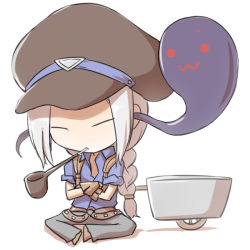 Rule 34 | 1boy, :3, alternate color, belt, blacksmith (ragnarok online), blue shirt, braid, braided ponytail, brown belt, brown footwear, brown gloves, cabbie hat, chibi, closed eyes, closed mouth, commentary request, crossed arms, full body, ghost, gloves, grey pants, hat, indian style, long hair, male focus, natsuya (kuttuki), pants, pipe in mouth, pullcart, ragnarok online, shirt, shoes, short sleeves, simple background, sitting, sleeves rolled up, smoking pipe, solo, white background, white hair