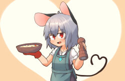 Rule 34 | 1girl, ahoge, animal ears, apron, blush, bowl, commentary request, cowboy shot, crystal, dress, flat chest, food, green apron, greenpiecerice, grey dress, grey hair, hair between eyes, heart, heart background, highres, holding, holding bowl, jewelry, long bangs, looking at viewer, mittens, mouse ears, mouse girl, mouse tail, nazrin, open mouth, pendant, pepper mill, pinafore dress, red eyes, red mittens, shirt, short hair, short sleeves, single mitten, sleeveless dress, sleeves rolled up, smile, solo, soup, tail, touhou, white shirt