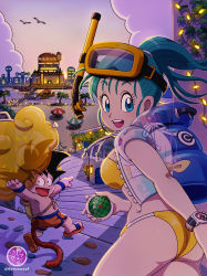 Rule 34 | 1boy, 1girl, age difference, aircraft, airplane, aqua hair, arm at side, arm up, ass, back, backlighting, beach umbrella, bikini, bird, black eyes, black hair, blue eyes, blue wristband, boat, breasts, building, bulma, capsule corp, carrying over shoulder, chair, child, city, cityscape, cloud, cloudy sky, deck chair, diving mask, diving mask on head, dock, door, dot nose, dragon ball, dragon ball (classic), dragon radar, eyelashes, fingernails, flower, flying nimbus, glowing, goggles, goggles on head, gradient sky, grass, grey sky, high ponytail, highres, holding, index finger raised, innertube, lamppost, leaf, light, light rays, looking back, male swimwear, medium breasts, monkey tail, norita (6110885), open mouth, orange male swimwear, orange swim trunks, outdoors, outstretched arm, palm tree, plant, pointing, ponytail, potted plant, railing, red flower, reflection, rock, rope, ruyi jingu bang, sandals, scratches, seagull, shadow, sideboob, signature, silhouette, size difference, sky, son goku, spiked hair, stairs, stone floor, string of light bulbs, sun, sunrise, sweater, swim ring, swim trunks, swimsuit, tail, tareme, teeth, topless male, tree, twitter username, umbrella, upper teeth only, watch, water, watercraft, white flower, window, wristband, wristwatch, yellow bikini, yellow flower, zipper