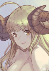 Rule 34 | 1girl, ahoge, anila (granblue fantasy), blonde hair, breasts, brown eyes, cleavage, closed mouth, commentary request, curled horns, draph, granblue fantasy, horns, large breasts, long hair, looking at viewer, nude, sheep horns, shimotsuki eight, short eyebrows, signature, smile, solo, thick eyebrows, very long hair