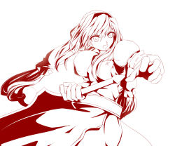 Rule 34 | 1girl, :o, anastasia valeria, armor, armored dress, dress, female focus, gloves, kotorippi, long hair, low-tied long hair, monochrome, solo, sword, twintails, very long hair, weapon, white background, wild arms, wild arms 2
