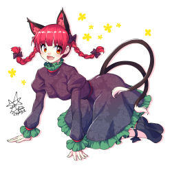 Rule 34 | 1girl, :d, all fours, animal ear fluff, animal ears, black bow, black dress, black footwear, blunt bangs, bow, braid, cat ears, commentary, dress, extra ears, floral print, frilled dress, frilled sleeves, frills, full body, hair bow, highres, juliet sleeves, kaenbyou rin, long hair, long sleeves, looking at viewer, multiple tails, nekomata, open mouth, puffy sleeves, red eyes, red hair, side braids, signature, simple background, smile, solo, symbol-only commentary, tail, touhou, twin braids, two tails, umigarasu (kitsune1963), white background