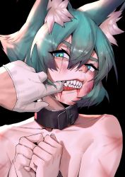 Rule 34 | 1girl, animal ear fluff, animal ears, aqua eyes, aqua hair, bad id, bad pixiv id, bare shoulders, bdsm, black background, blood, blood in mouth, bondage, bound, bound wrists, bruise, bruise on face, cat ears, cat girl, collar, collarbone, finger in another&#039;s mouth, gloves, hair between eyes, half gloves, injury, looking at viewer, misa (929382672), mouth pull, original, portrait, scar, scar across eye, sharp teeth, short hair, simple background, slave, slit pupils, solo focus, teeth, white gloves