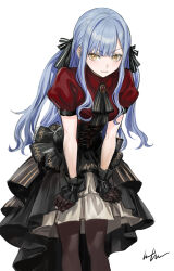 1girl bang_dream! bang_dream!_it&#039;s_mygo!!!!! black_gloves black_pantyhose blue_hair commentary cross-laced_clothes cross-laced_skirt feet_out_of_frame furrowed_brow gloves hair_ribbon high-low_skirt highres infukun long_hair looking_at_viewer oblivionis_(bang_dream!) pantyhose parted_lips puffy_short_sleeves puffy_sleeves red_brooch ribbon short_sleeves signature simple_background skirt solo togawa_sakiko white_background yellow_eyes