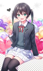 Rule 34 | 1girl, black hair, black thighhighs, collared shirt, deadnooodles, flat chest, gradient hair, green eyes, green hair, hand up, heart, highres, jacket, long sleeves, looking at viewer, love live!, love live! nijigasaki high school idol club, medium hair, multicolored hair, neck ribbon, open clothes, open jacket, open mouth, red ribbon, ribbon, shirt, sitting, skirt, smile, solo, sweater, takasaki yu, thighhighs, twintails, v, white shirt