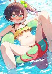 1girl bare_shoulders bikini blue_eyes blush breasts brown_hair convenient_censoring dongchuan frilled_bikini frills highres hololive innertube long_hair looking_at_viewer natsuiro_matsuri navel ocean octopus on_innertube open_mouth outdoors partially_submerged side_ponytail small_breasts smile solo spread_legs stomach swim_ring swimsuit virtual_youtuber