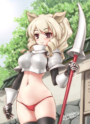 Rule 34 | 10s, 1girl, 2017, animal ears, armor, belly, black thighhighs, blonde hair, blush, bottomless, breastplate, breasts, brown eyes, dated, day, gauntlets, holding, holding polearm, holding spear, holding weapon, inoue tomii, kemono friends, large breasts, looking at viewer, medium hair, navel, no pants, outdoors, panties, polearm, red panties, ringlets, shiny skin, smile, solo, spear, standing, stomach, thighhighs, underwear, weapon, white rhinoceros (kemono friends)