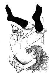 Rule 34 | 1girl, arms behind back, bar censor, bdsm, bent over, bondage, bottle, bottle insertion, bound, breasts, censored, feet above head, flat chest, full body, greyscale, kneehighs, large insertion, legs up, long hair, mayonnaise, mayonnaise (ringo gakuen), monochrome, multiple bottles, multiple insertions, no shoes, nude, object insertion, pointless censoring, pussy, pussy juice, rope, simple background, small breasts, socks, solo, sweat, tape, tape bondage, upside-down, vaginal, white background