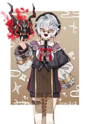 Rule 34 | 1boy, :d, absurdres, antenna hair, bishounen, black nails, changpao, child, chinese clothes, chinese knot, cowboy shot, fangs, fire, framed, grin, half-closed eyes, hand on own hip, hannya, hannya (onmyoji), hat, highres, long sleeves, male focus, mask, mask on head, moto mitsuashi, nail polish, oni mask, onmyoji, open mouth, outside border, puffy long sleeves, puffy sleeves, sleeves past fingers, sleeves past wrists, smile, star (symbol), string earrings, white hair, yellow eyes