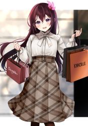 Rule 34 | 1girl, absurdres, alternate costume, bag, blush, brown pantyhose, brown skirt, buttons, crescent, crescent pin, feet out of frame, hair between eyes, hair ornament, handbag, highres, holding, holding bag, kantai collection, kisaragi (kancolle), long hair, long sleeves, looking at viewer, open mouth, pantyhose, pleated skirt, purple eyes, purple hair, shirt, shopping bag, skirt, solo, white shirt, yunamaro