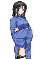 1girl black_eyes black_hair egomeshi highres japanese_clothes kara_no_kyoukai kimono knife knife_sheath long_sleeves looking_at_viewer own_hands_together ryougi_shiki sheath short_hair simple_background solo thigh_sheath thighs