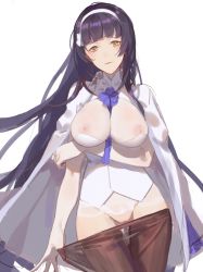 Rule 34 | 1girl, between breasts, black pantyhose, blunt bangs, blush, breast hold, breasts, cleft of venus, cloak, closed mouth, clothes pull, floating hair, girls&#039; frontline, hand up, headband, inverted nipples, large breasts, long hair, looking at viewer, nipples, no panties, panties, pantyhose, pantyhose pull, purple hair, red cucumber, sidelocks, simple background, solo, type 95 (girls&#039; frontline), underwear, very long hair, vest, white background, white panties, yellow eyes