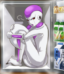 Rule 34 | 1boy, between legs, breath, dragon ball, dragonball z, frieza, full body, in container, in refrigerator, indoors, kawachi (ky3550), looking at viewer, male focus, name connection, object namesake, open door, pun, refrigerator, sitting, solo, tail, tail between legs
