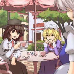 Rule 34 | 3girls, abo (hechouchou), arm support, armband, black hat, blonde hair, blurry, bow, brown eyes, brown hair, cafe, closed eyes, cup, depth of field, english text, fedora, female focus, grin, hat, head rest, interlocked fingers, izayoi sakuya, maribel hearn, mob cap, multiple girls, necktie, open mouth, parasol, pink bow, red bow, red necktie, short hair, silver hair, smile, teacup, touhou, umbrella, usami renko, white hat