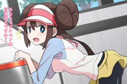 Rule 34 | 1girl, :d, ass, black pantyhose, blue eyes, blush, bow, breasts, brown hair, creatures (company), double bun, from side, game freak, hair bun, highres, indoors, kayama kenji, long hair, looking at viewer, medium breasts, nintendo, open mouth, pantyhose, pantyhose under shorts, pink bow, pokemon, pokemon bw2, raglan sleeves, rosa (pokemon), short shorts, shorts, smile, solo, twintails, very long hair, visor cap, yellow shorts