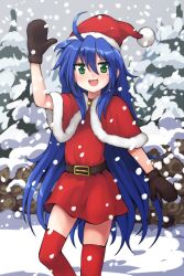 Rule 34 | 1girl, :d, alternate costume, aposine, belt, blue hair, brown belt, capelet, commentary, dress, fur-trimmed capelet, fur trim, green eyes, hand up, hat, izumi konata, long hair, lucky star, mittens, open mouth, outdoors, red capelet, red dress, red thighhighs, santa hat, smile, snow, solo, thighhighs, tree, zettai ryouiki