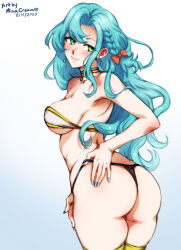 Rule 34 | 1girl, aqua hair, ass, ass focus, back, bare shoulders, blush, braid, breasts, chloe (fire emblem), commentary, english commentary, fire emblem, fire emblem engage, green eyes, huge ass, large breasts, long hair, looking at viewer, mina cream, nintendo, presenting, seductive smile, side braid, smile, solo, thick thighs, thighs, thong, very long hair