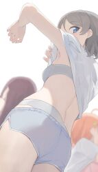 Rule 34 | 3girls, armpits, ass, blue eyes, blue shorts, blurry, blurry background, bra, breasts, character request, commentary request, from below, grey bra, grey hair, grey panties, highres, hiroki (yyqw7151), looking at viewer, love live!, love live! sunshine!!, multiple girls, orange hair, panties, panties under shorts, shirt, short hair, shorts, simple background, small breasts, takami chika, underwear, watanabe you, white background, white shirt