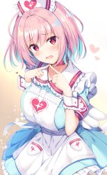 Rule 34 | 1girl, ahoge, apron, armband, blue dress, blue hair, blush, breasts, brown background, collarbone, collared dress, commentary request, dress, fang, fingers together, frilled dress, frilled shirt collar, frills, gradient background, hair between eyes, head tilt, heart, highres, idolmaster, idolmaster cinderella girls, index fingers together, large breasts, multicolored hair, open mouth, pink hair, pleated dress, puffy short sleeves, puffy sleeves, red eyes, short sleeves, solo, tomoo (tomo), two-tone hair, white apron, white background, wrist cuffs, yumemi riamu