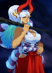 Rule 34 | 1girl, bare shoulders, bent over, breasts, club, club (weapon), curled horns, earrings, gradient hair, green hair, hair ornament, hair stick, high ponytail, highres, holding, holding weapon, horns, japanese clothes, jewelry, kanabou, kimono, large breasts, lips, long hair, looking at viewer, multicolored hair, multicolored horns, one piece, oni, orange horns, ponytail, red horns, rope, shiny skin, sideboob, sleeveless, sleeveless kimono, solo, spiked club, sweat, tovio rogers, weapon, white hair, yamato (one piece), yellow horns