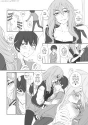 Rule 34 | ..., 1boy, 1girl, against wall, age difference, bad id, bad pixiv id, blush, breasts, cleavage, comic, dated, english text, greyscale, gyaru, height difference, hetero, highres, imminent kiss, incest, jacket, letterman jacket, long hair, monochrome, aged up, original, pantyhose, pantyhose under shorts, reavz, shorts, uncle and niece, kabedon