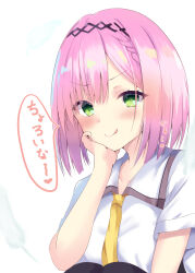 Rule 34 | &gt;:), 1girl, :q, absurdres, black hairband, braid, closed mouth, commentary, eyelashes, green eyes, hair between eyes, hairband, hand on own cheek, hand on own face, heart, highres, looking at viewer, medium hair, naughty face, necktie, pink hair, purunyara, shirt, short sleeves, simple background, smug, solo, speech bubble, straight hair, tanikaze amane, tenshi souzou re-boot!, tongue, tongue out, translated, upper body, v-shaped eyebrows, white background, white shirt, wing collar, yellow necktie
