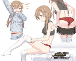 Rule 34 | 1girl, arm up, ass, bad id, bad pixiv id, blonde hair, braid, closed eyes, cnm, female focus, gloves, unworn gloves, grey eyes, kantai collection, light brown hair, long hair, multiple views, no shoes, open mouth, pajamas, panties, pleated skirt, profile, red panties, school uniform, simple background, sketch, skirt, teruzuki (kancolle), thighhighs, thighhighs pull, twin braids, underwear, white background, white thighhighs, yawning