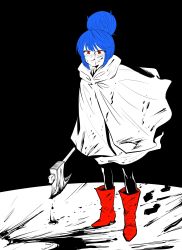 Rule 34 | 1girl, abonnu (adooonnu), absurdres, axe, blood, blood on clothes, blood on face, blood splatter, bloody weapon, blue hair, blush, boots, cloak, commentary request, dripping, footprints, full body, hair bun, highres, holding, holding weapon, licking lips, limited palette, red eyes, red footwear, shima rin, short hair, simple background, single hair bun, solo, tongue, tongue out, weapon, yurucamp