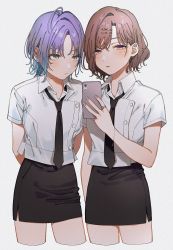 Rule 34 | 2girls, ahoge, arm at side, arms behind back, asakura toru, black necktie, black skirt, blue hair, blush, bracelet, brown hair, buttons, cellphone, closed mouth, collared shirt, commentary request, cropped legs, dot nose, ear piercing, gradient hair, grey background, greyscale, hair behind ear, hair ornament, hairclip, half-closed eyes, hand up, highres, higuchi madoka, holding, holding phone, idolmaster, idolmaster shiny colors, iwawa, jewelry, miniskirt, mole, mole under eye, monochrome, multicolored hair, multiple girls, necktie, open mouth, parted bangs, parted lips, pencil skirt, phone, piercing, purple eyes, purple hair, ring, shirt, short sleeves, sidelocks, simple background, skirt, smartphone, standing, white background, white shirt