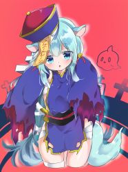 Rule 34 | 1girl, animal ears, arms up, azur lane, blue eyes, blue hair, commentary request, dress, hat, highres, jiangshi, long hair, mikazuki (azur lane), mikazuki (sweet zombie) (azur lane), ofuda, open mouth, outstretched arms, pone, purple dress, purple hat, qingdai guanmao, red background, short dress, simple background, single thighhigh, sleeves past wrists, solo, squirrel ears, squirrel tail, tail, thighhighs, thighs, torn clothes, torn dress, torn sleeves, very long hair, zombie pose