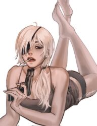 Rule 34 | 1girl, bare arms, black eyes, black panties, camisole, chainsaw man, cigarette, commentary, eyepatch, grey camisole, gun, handgun, highres, holding, holding gun, holding weapon, legs up, long hair, looking at viewer, lying, on stomach, one eye covered, panties, ponytail, quanxi (chainsaw man), scarlettismm, simple background, solo, the pose, underwear, weapon, white background, white hair