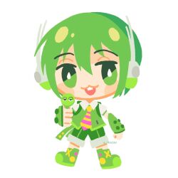 Rule 34 | 1boy, :3, backpack, bag, big head, blush stickers, boots, bright pupils, chibi, child, detached sleeves, flat color, green bag, green eyes, green footwear, green hair, green shirt, green shorts, green sleeves, hair between eyes, headphones, highres, holding, holding microphone, male focus, microphone, misoni (mi-soni), necktie, open mouth, pink necktie, randoseru, ribbon, ryuuto (vocaloid), shirt, short hair, shorts, simple background, smile, solo, vocaloid, white background, white pupils, yellow necktie