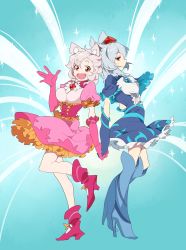 Rule 34 | 2girls, 58.2kg, animal ears, blue gloves, blush, breasts, closed mouth, cookie (touhou), dog ears, elbow gloves, gloves, grey hair, hand grab, hat, high heels, highres, inu (cookie), inubashiri momiji, large breasts, looking at viewer, multiple girls, open mouth, pink gloves, red eyes, red hat, short hair, smile, tokin hat, touhou, web (cookie), white hair