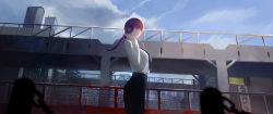 Rule 34 | 1girl, absurdres, black necktie, black pants, blue sky, braid, braided ponytail, bridge, building, chainsaw man, cloud, cloudy sky, collared shirt, commentary request, from below, from side, highres, long sleeves, looking at viewer, looking to the side, makima (chainsaw man), necktie, outdoors, pants, red hair, scenery, shirt, sky, skyscraper, solo, toxic (toxicv), yellow eyes